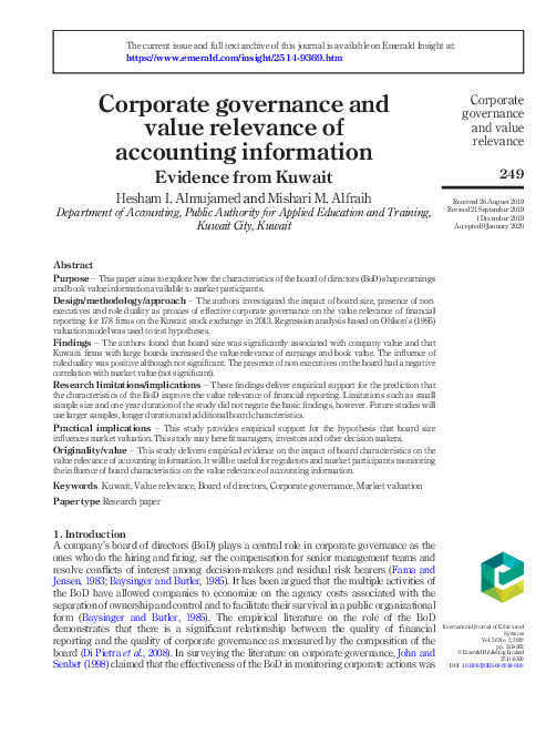 (PDF) Corporate governance and value relevance of accounting ...