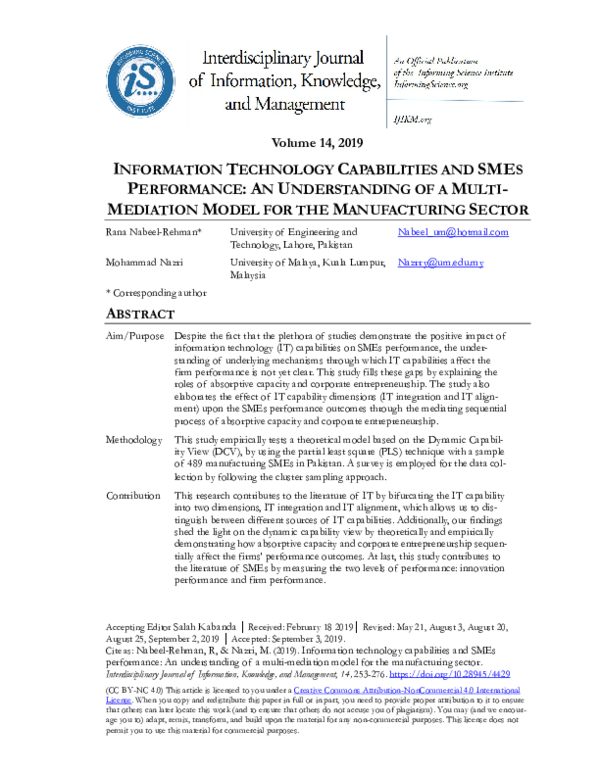 (PDF) Information Technology Capabilities and SMEs Performance: An ...