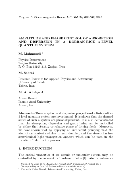 (PDF) Amplitude and Phase Control of Absorption and Dispersion in a ...