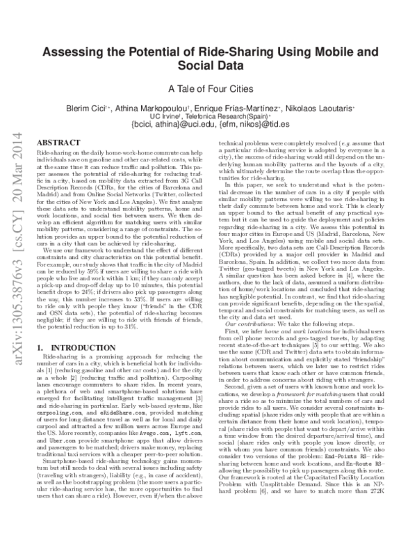 (PDF) Assessing the potential of ride-sharing using mobile and social data
