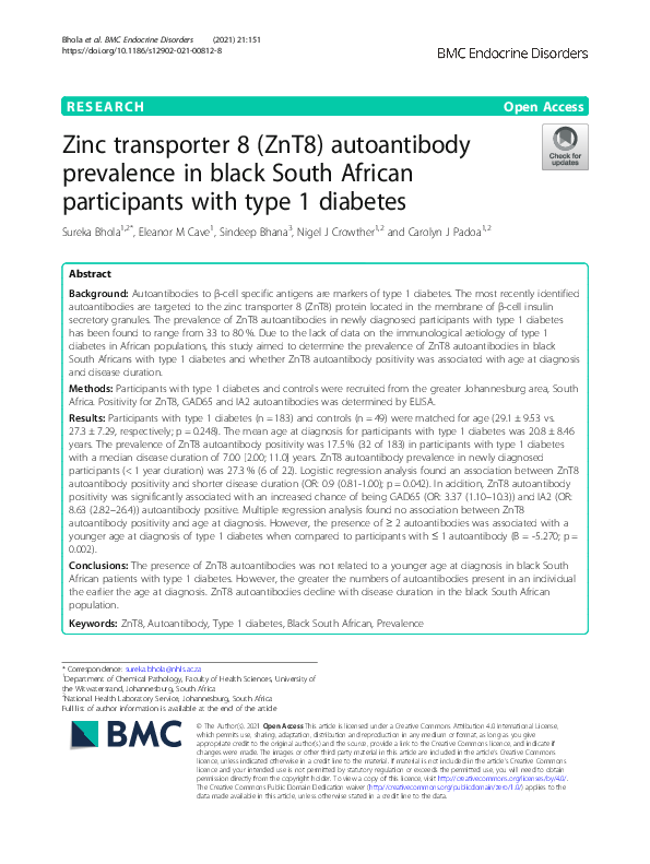 (PDF) Zinc transporter 8 (ZnT8) autoantibody prevalence in black South