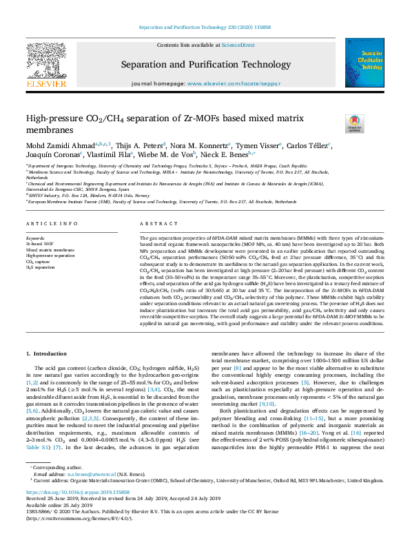 (PDF) High-pressure CO2/CH4 separation of Zr-MOFs based mixed matrix ...