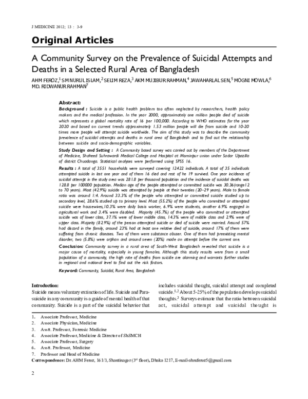 (PDF) A Community Survey on the Prevalence of Suicidal Attempts and ...