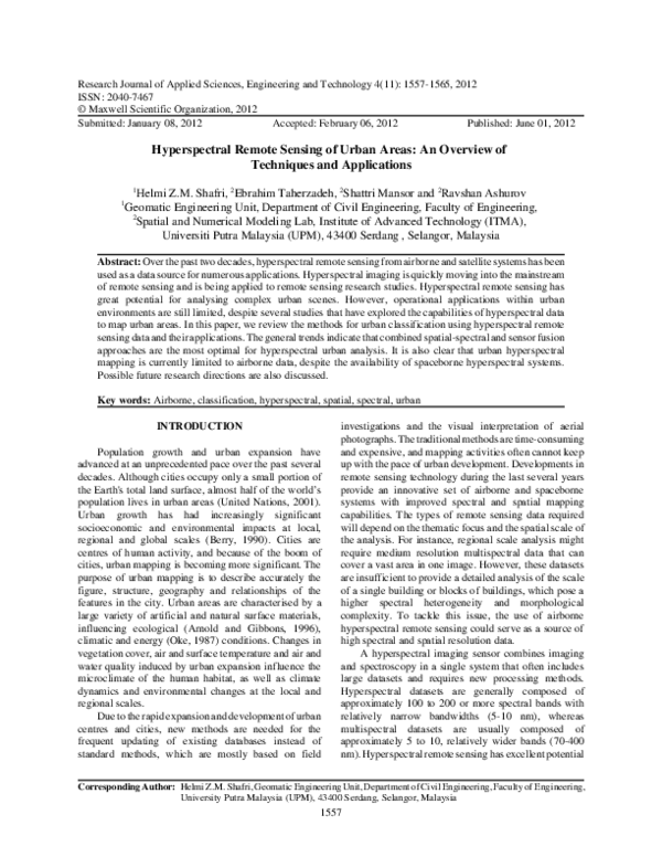 (PDF) Hyperspectral remote sensing of urban areas: an overview of ...