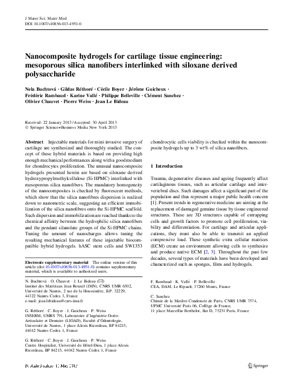 (PDF) Nanocomposite hydrogels for cartilage tissue engineering ...