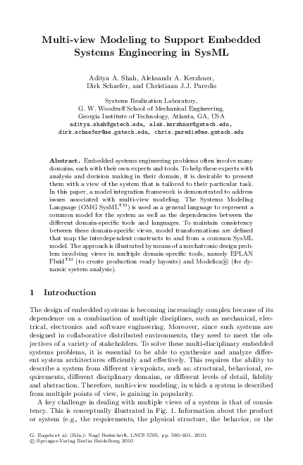 (PDF) Multi-view modeling to support embedded systems engineering in SysML