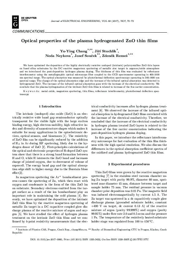 (PDF) Optical properties of the plasma hydrogenated ZnO thin films