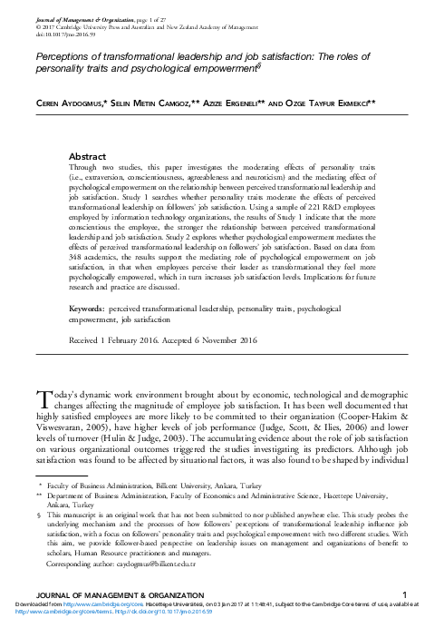 (PDF) Perceptions of transformational leadership and job satisfaction ...