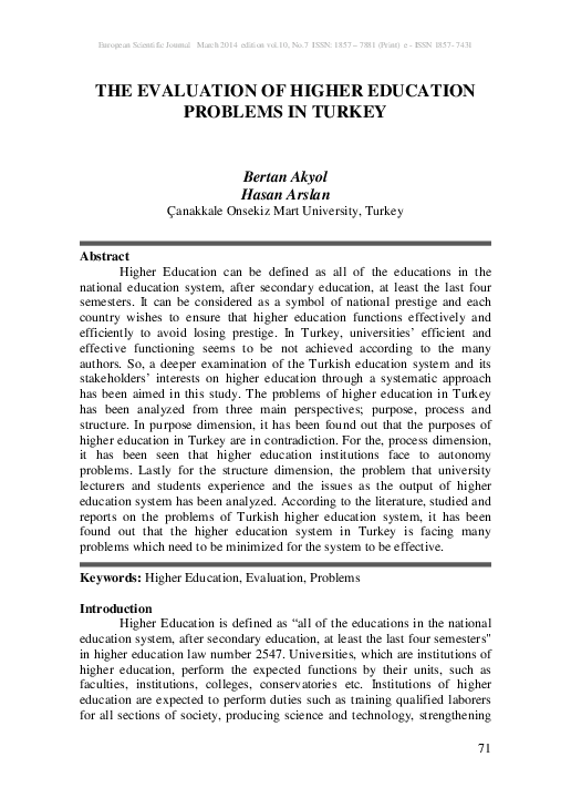 (PDF) The Evaluation of Higher Education Problems in Turkey
