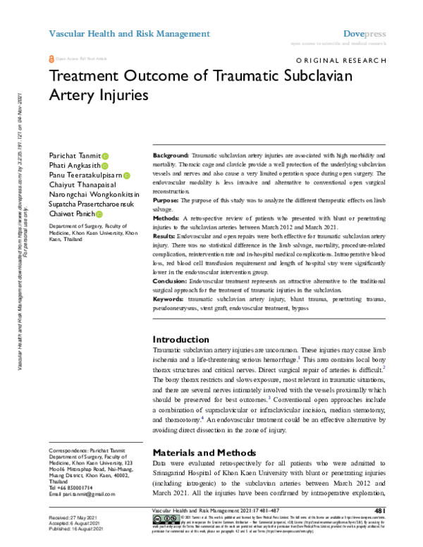 (PDF) Treatment Outcome of Traumatic Subclavian Artery Injuries