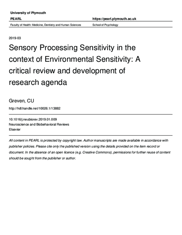 (PDF) Sensory Processing Sensitivity in the context of Environmental ...