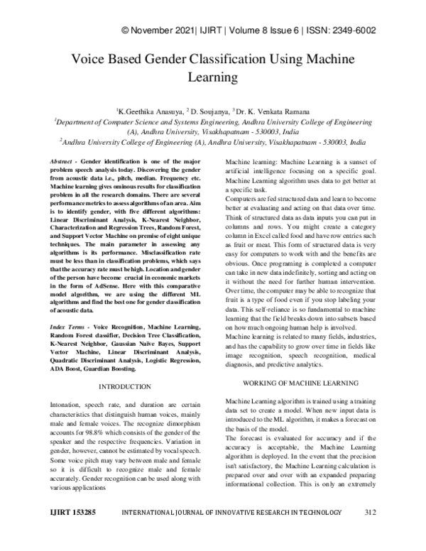 (PDF) Voice Based Gender Classification Using Machine Learning
