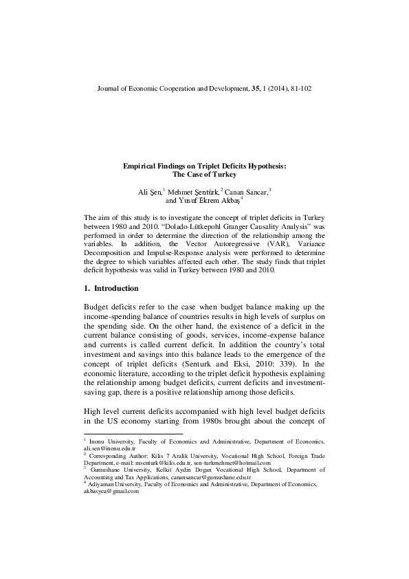 (PDF) Empirical Findings on Triplet Deficits Hypothesis: The Case of Turkey