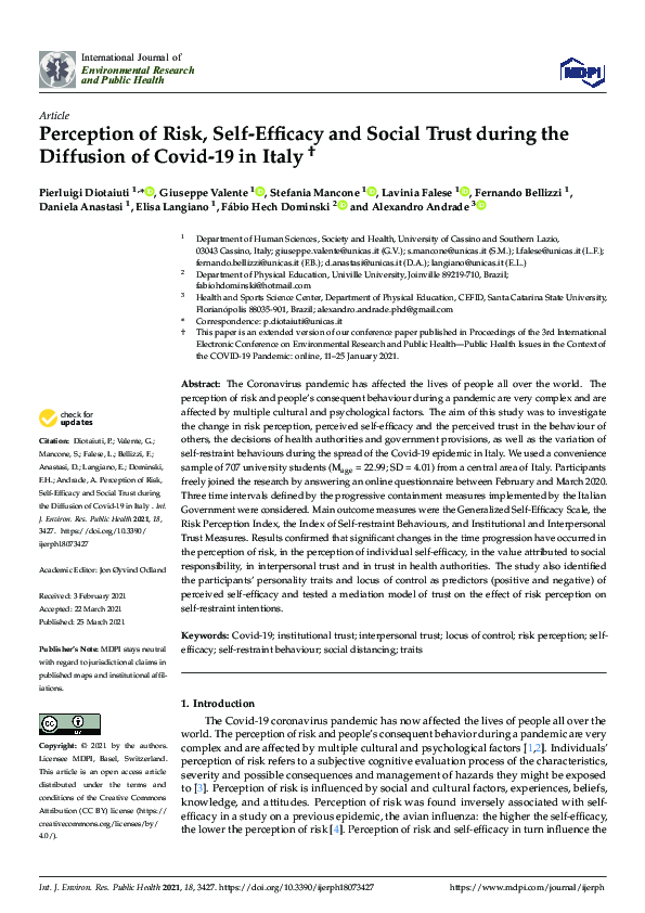 (PDF) Perception of Risk, Self-Efficacy and Social Trust during the ...