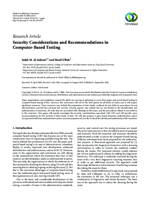 (PDF) Security Considerations and Recommendations in Computer-Based Testing