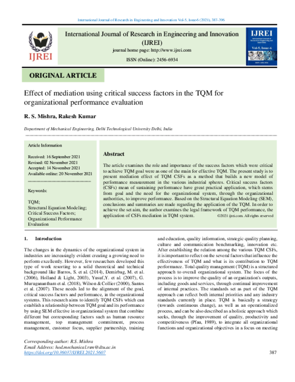 (PDF) Effect of mediation using critical success factors in the TQM for ...