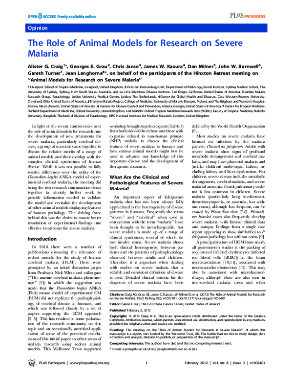 (PDF) The Role of Animal Models for Research on Severe Malaria