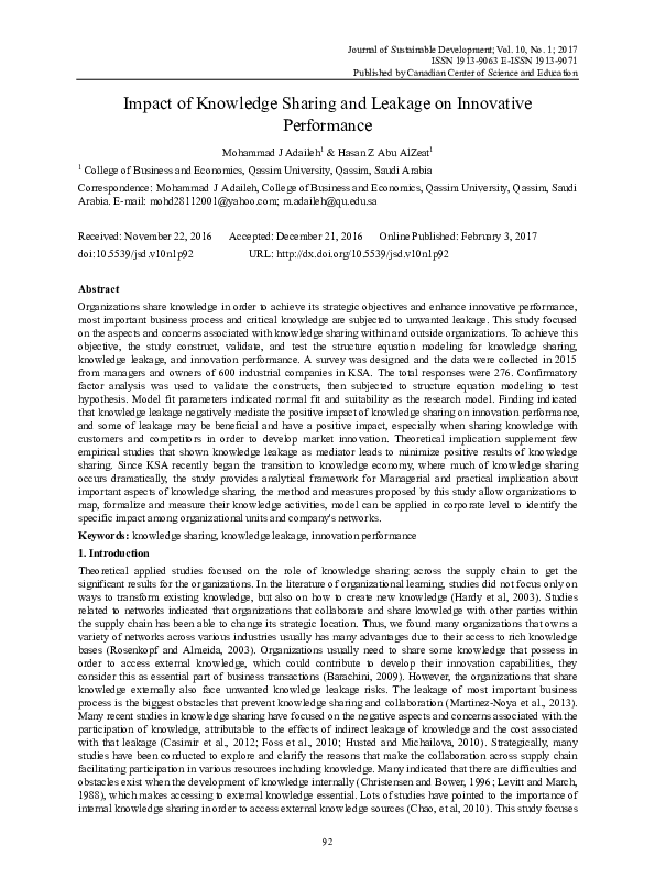 (PDF) Impact of Knowledge Sharing and Leakage on Innovative Performance