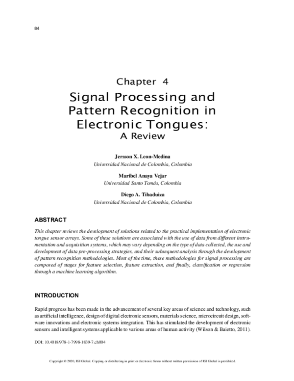 (PDF) Signal Processing and Pattern Recognition in Electronic Tongues