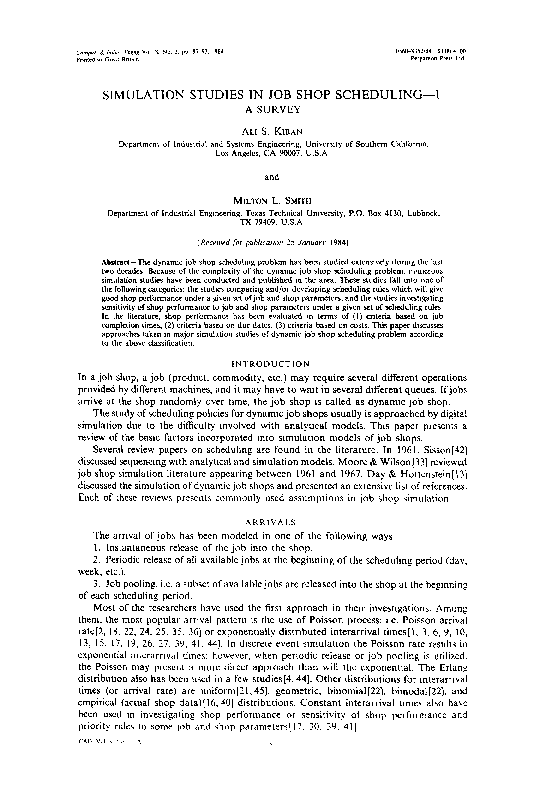 (PDF) Simulation studies in job shop sheduling—I a survey