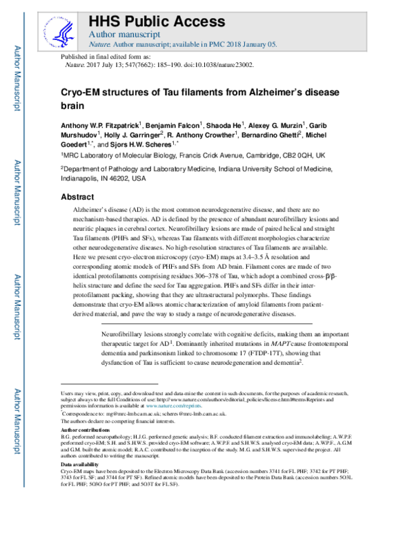 (PDF) Cryo-EM structures of tau filaments from Alzheimer’s disease