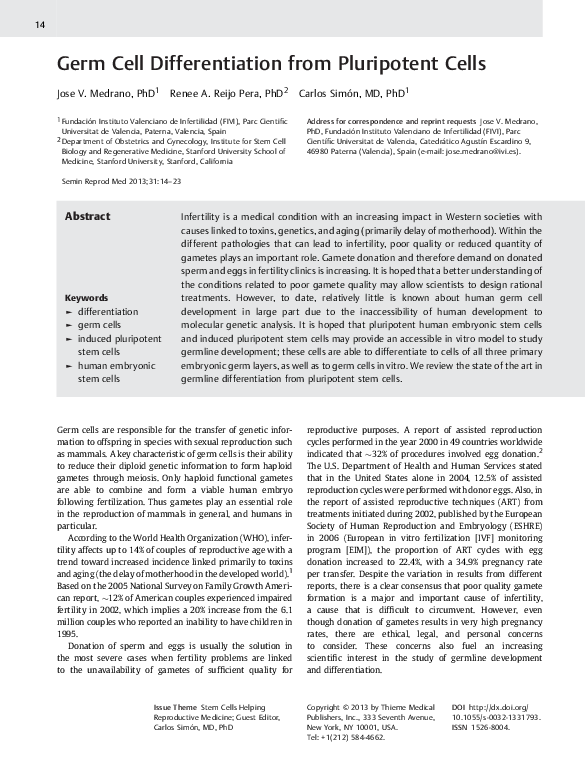 (PDF) Germ Cell Differentiation from Pluripotent Cells