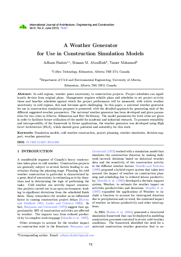 (PDF) A Weather Generator for Use in Construction Simulation Models