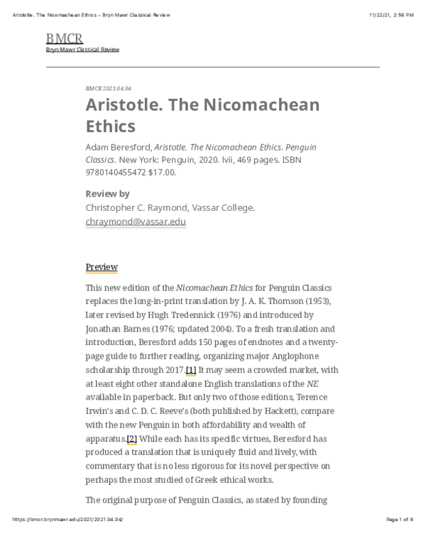 (PDF) Review of Adam Beresford (ed. and tr.), Aristotle The