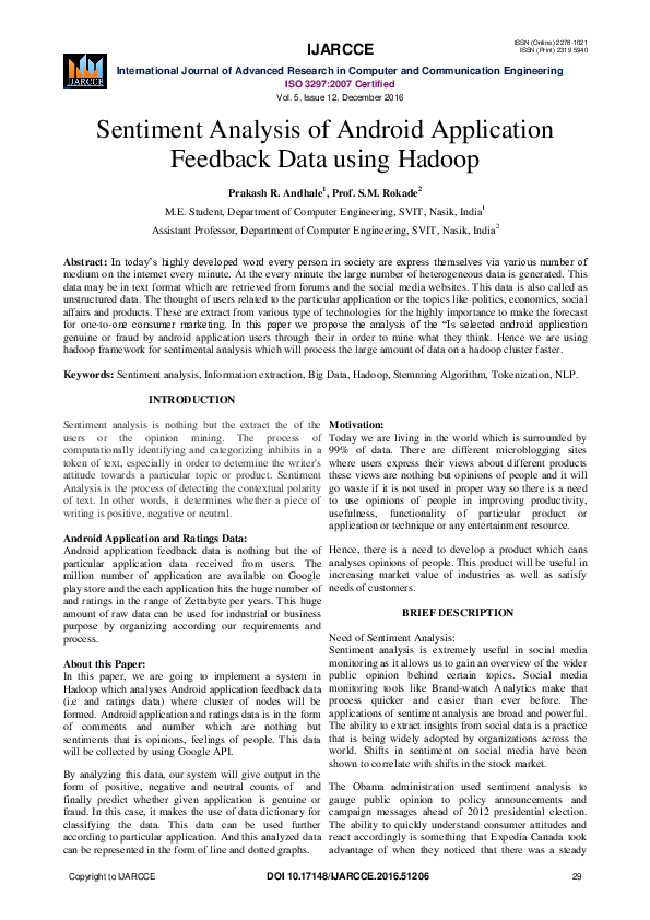 (PDF) Sentiment Analysis of Android Application Feedback Data using Hadoop