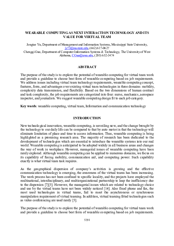 (PDF) Wearable Computing as Next Interaction Technology and Its Value