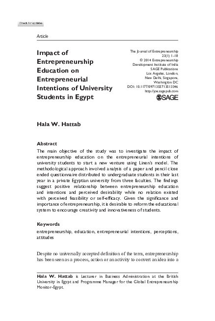 (PDF) Impact of Entrepreneurship Education on Entrepreneurial ...