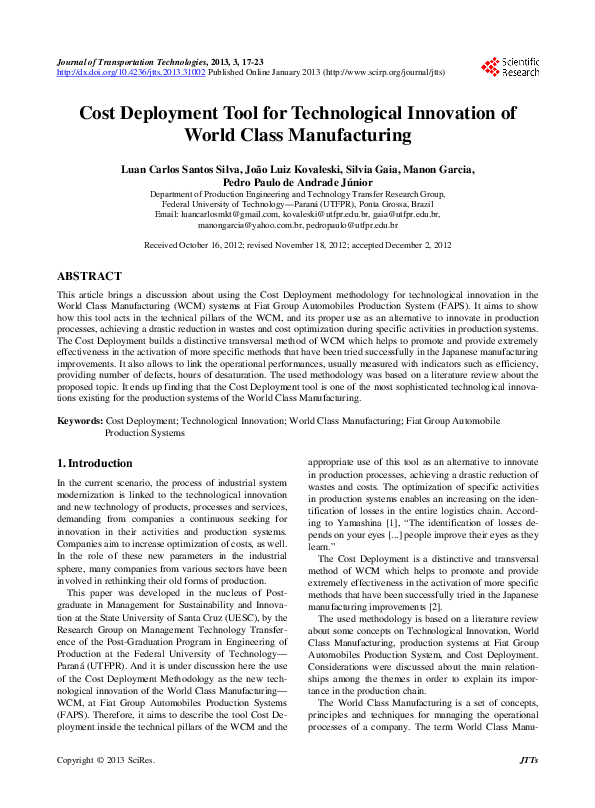 (PDF) Cost Deployment Tool for Technological Innovation of World Class Manufacturing Luan