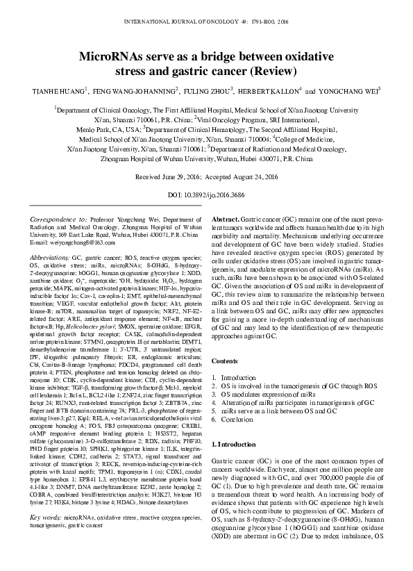 (PDF) MicroRNAs serve as a bridge between oxidative stress and gastric ...
