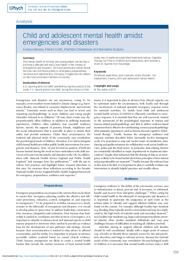 (PDF) Child and adolescent mental health amidst emergencies and disasters