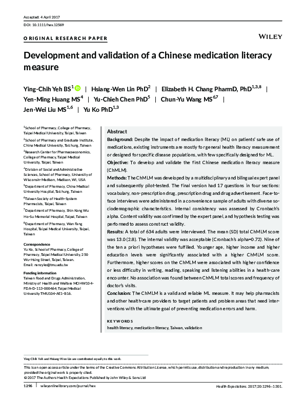 (PDF) Development and validation of a Chinese medication literacy measure