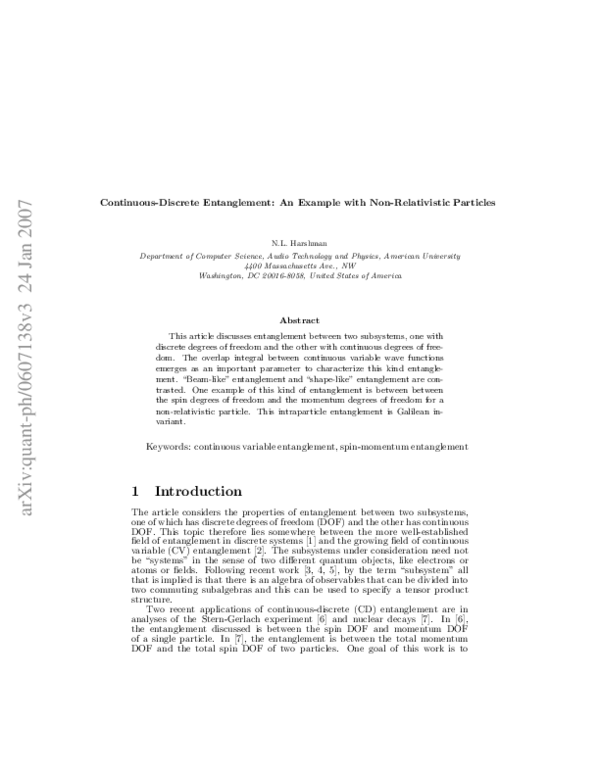 (PDF) Continuous-discrete entanglement: an example with non ...