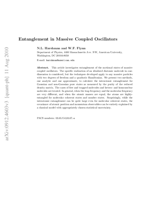 (PDF) Entanglement in massive coupled oscillators