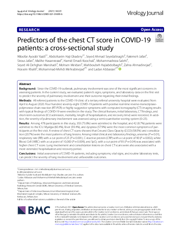 (PDF) Predictors of The Chest CT Score in COVID-19 Patients: A Cross ...