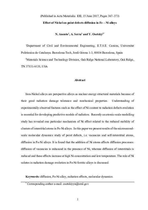 (PDF) Effect of nickel on point defects diffusion in Fe – Ni alloys