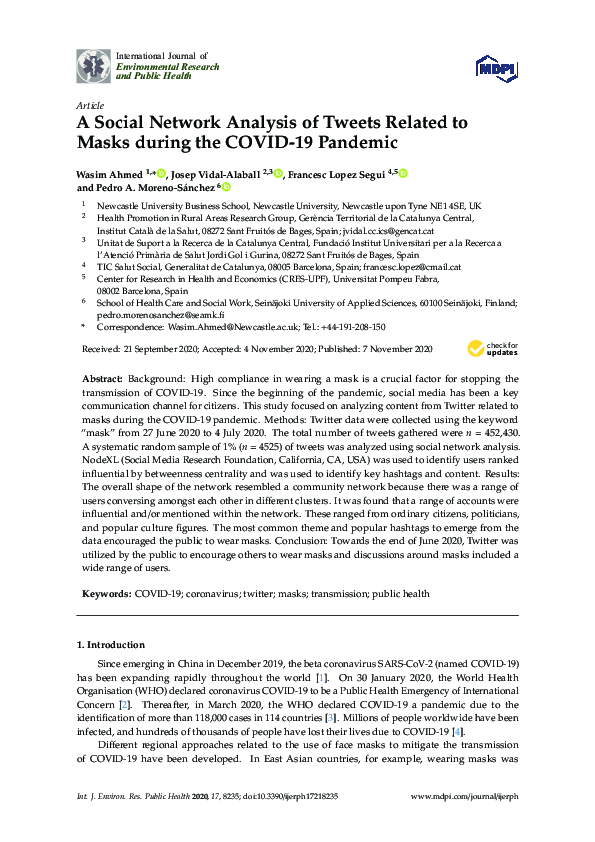 (PDF) A Social Network Analysis of Tweets Related to Masks during the ...