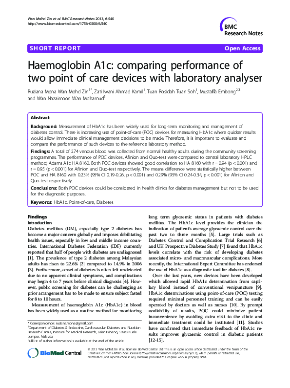 (PDF) Haemoglobin A1c: comparing performance of two point of care ...
