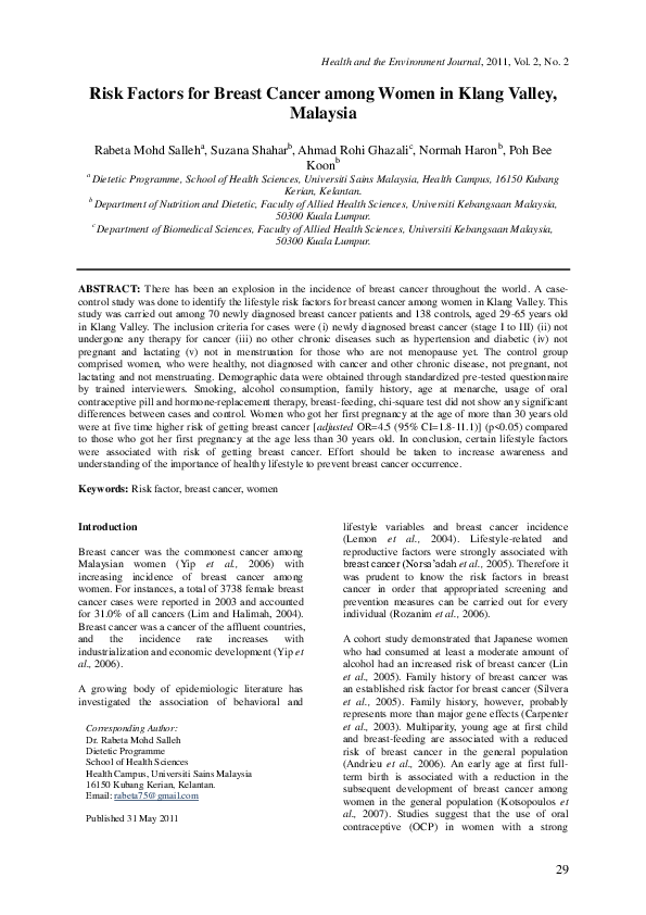 (PDF) Risk Factors for Breast Cancer among Women in Klang Valley, Malaysia