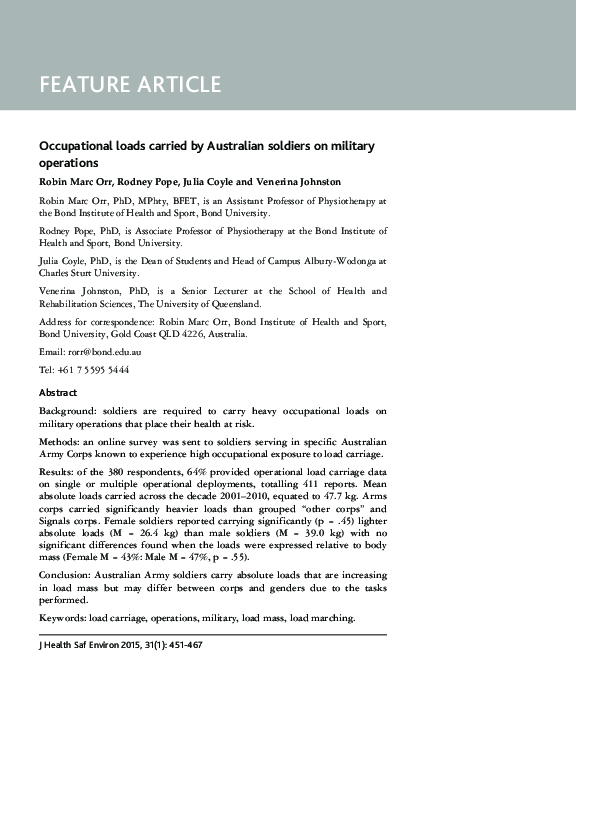 (PDF) Operational Loads Carried by Australian Soldiers on Military ...