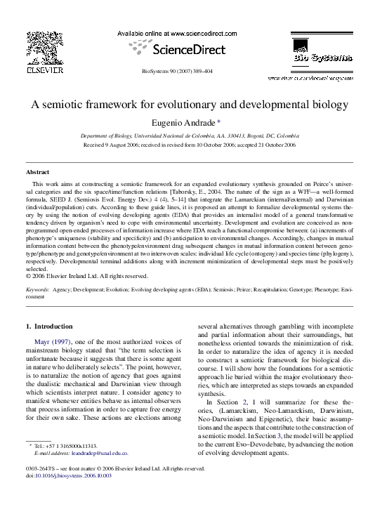 (PDF) A semiotic framework for evolutionary and developmental biology