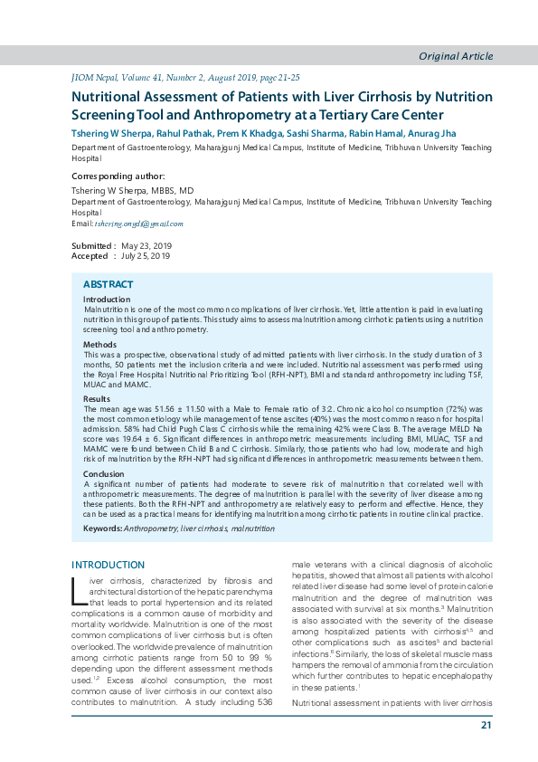 (PDF) Nutritional Assessment of Patients with Liver Cirrhosis by ...