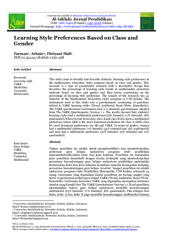 (PDF) Learning Style Preferences Based on Class and Gender
