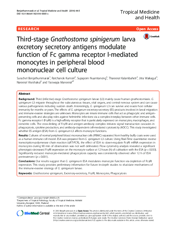 Pdf Third Stage Gnathostoma Spinigerum Larva Excretory Secretory Antigens Modulate Function Of Fc Gamma Receptor I Mediated Monocytes In Peripheral Blood Mononuclear Cell Culture Nareerat Viseshakul Academia Edu