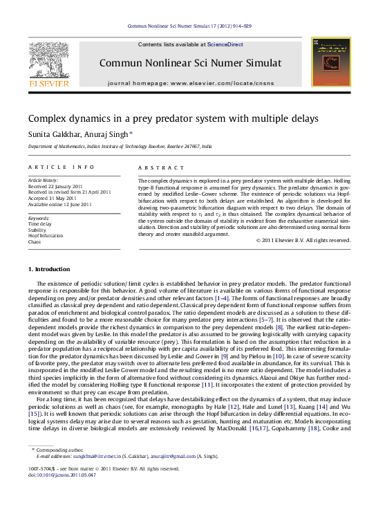 (PDF) Complex dynamics in a prey predator system with multiple delays