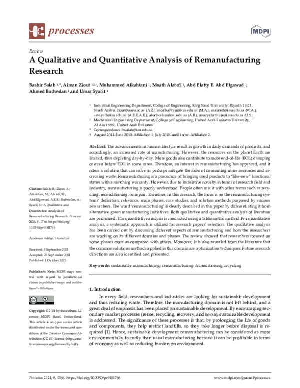 (PDF) A Qualitative and Quantitative Analysis of Remanufacturing Research