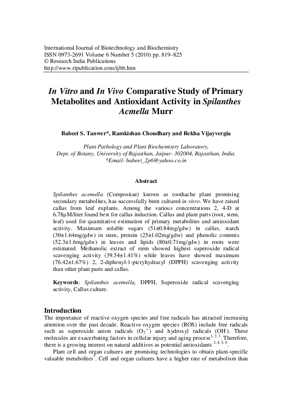 (PDF) In Vitro and In Vivo Comparative Study of Primary Metabolites and ...